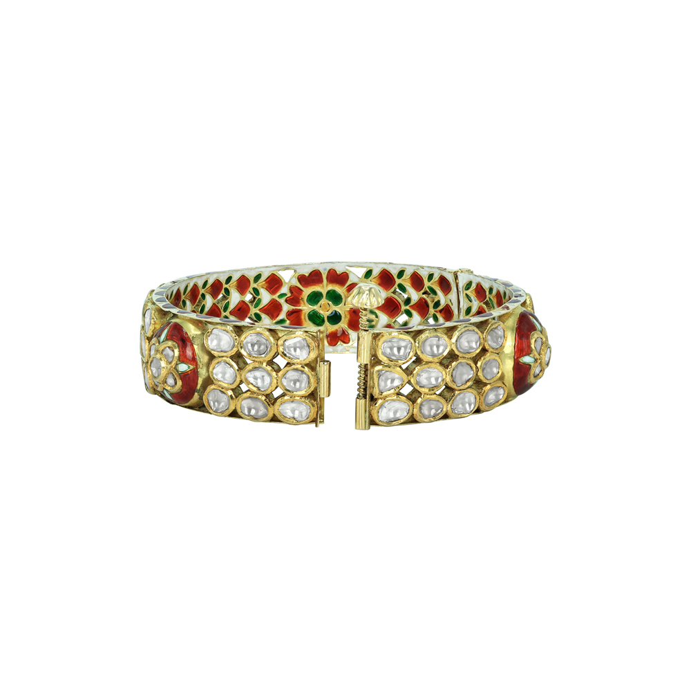Floral Polki Bangle with Red and Green Meenakari Enamel Work